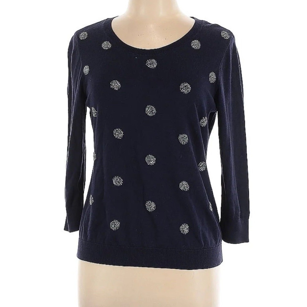 TALBOTS WOMENS TOP/ Navy Blue. Clear ‎ Beaded Dots. 60%Cotton / 40%Rayon Size M